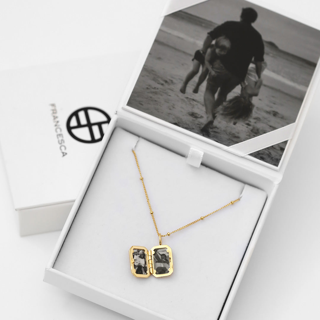 Gold Bevel Locket on bobble chain in white box