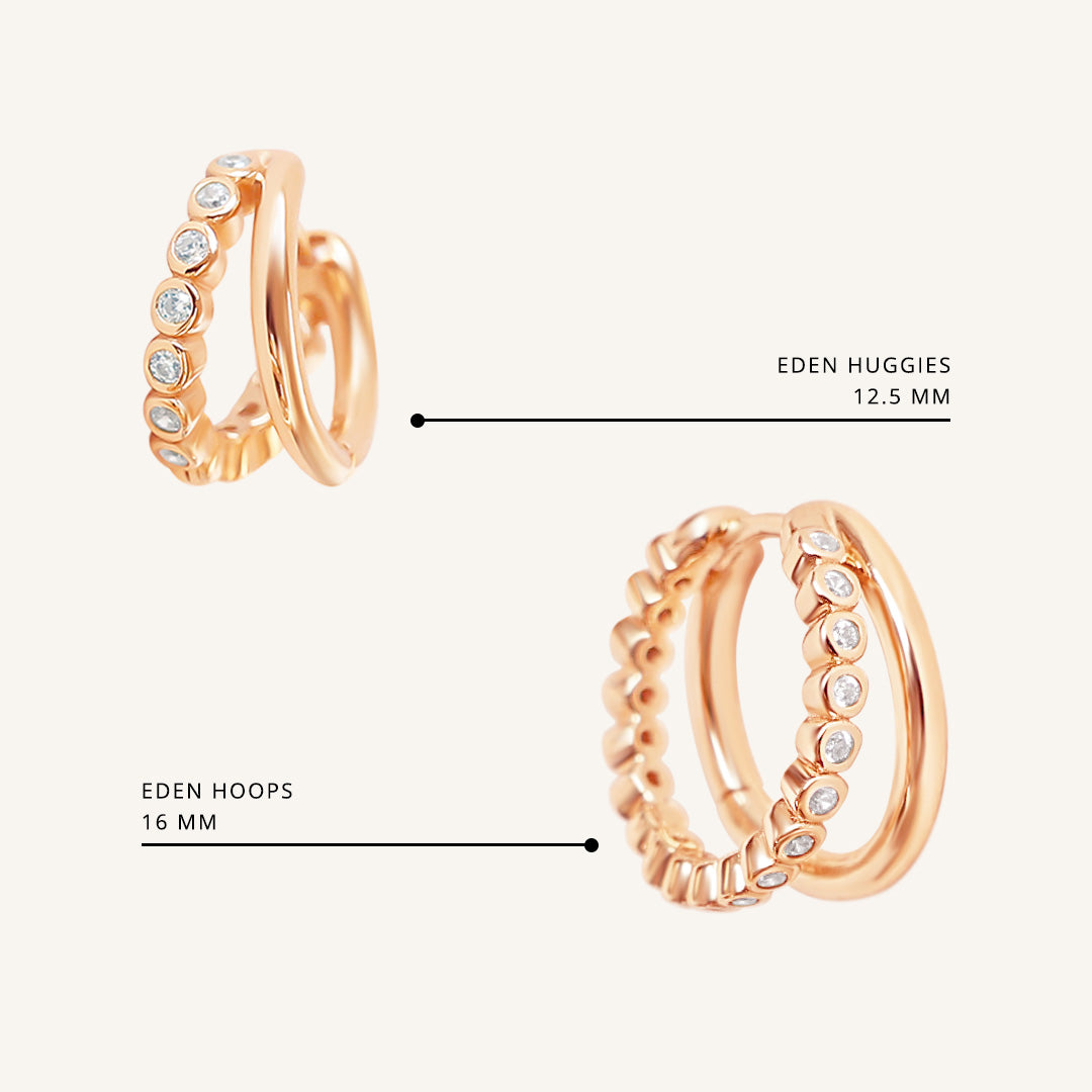 Rose gold hoop earrings labeled 'Eden Huggies' and 'Eden Hoops' on a white background.