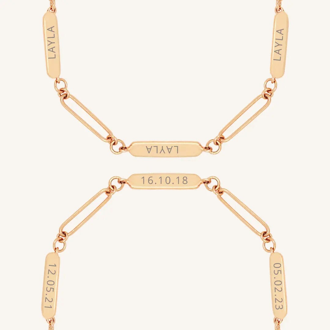 A rose Etch chain bracelet with three panels for engraving, close up