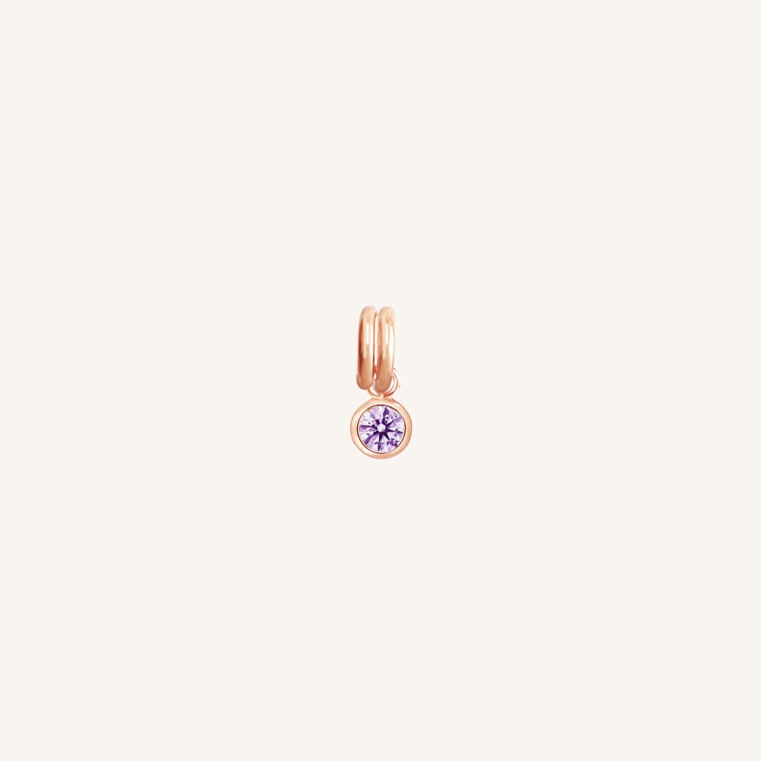 Round rose gold charm with bezel-set amethyst cubic zirconia representing the February birthstone.