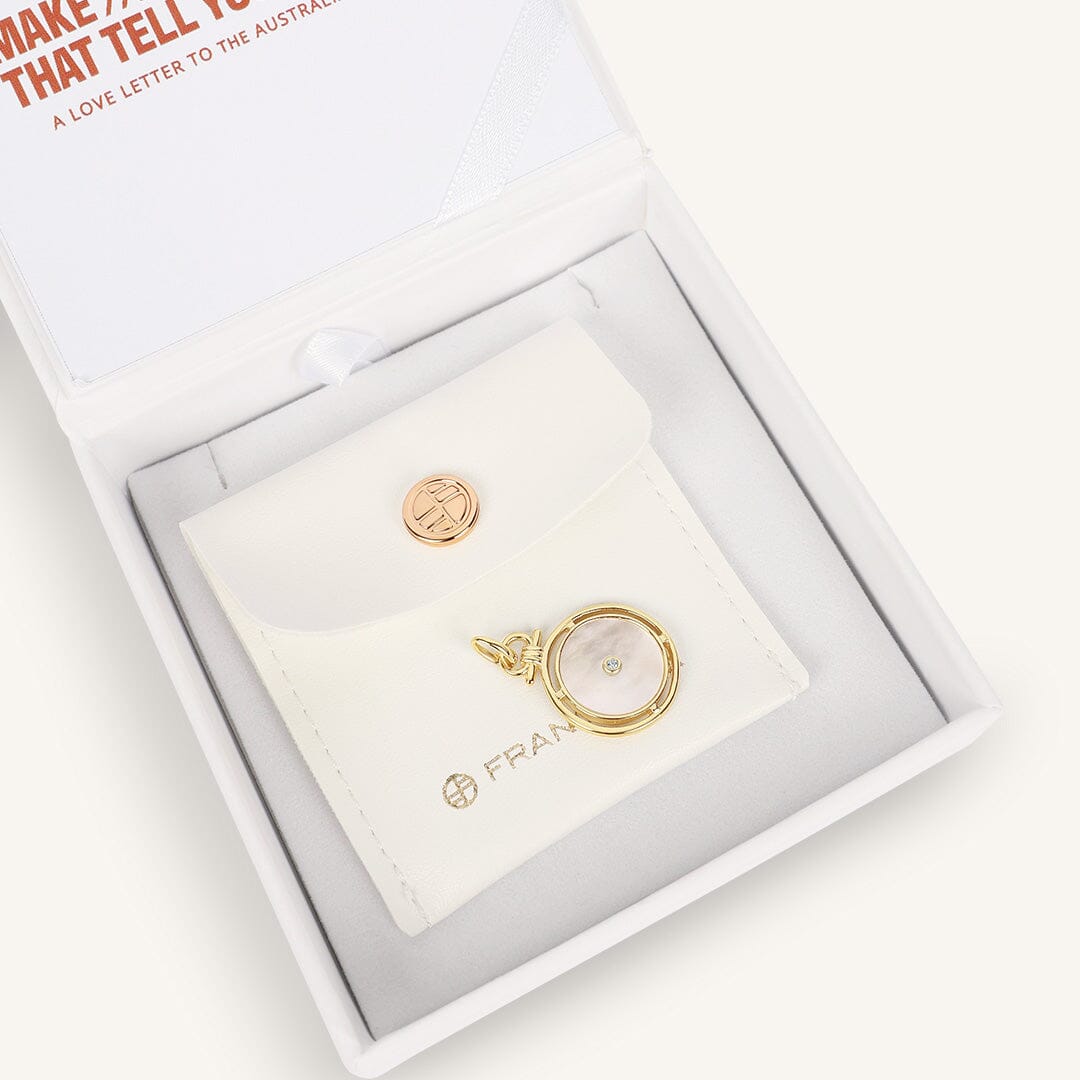Gold pendant and earring set in a white box