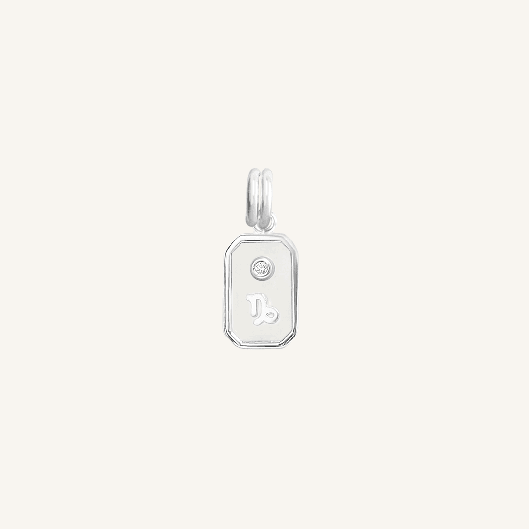 A silver rectangular shaped charm with the Capricorn zodiac symbol on it, designed with an iridescent finish.