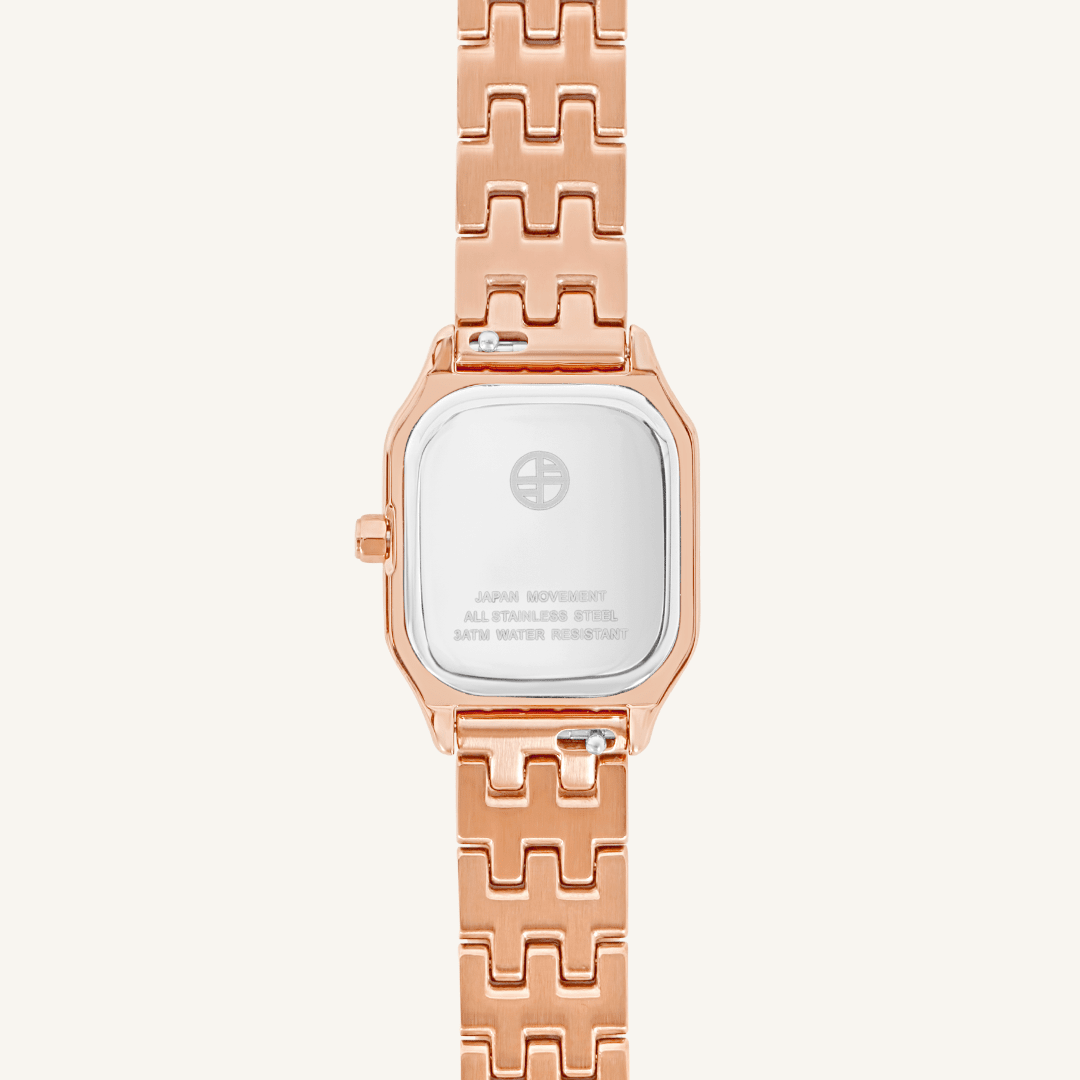 rose gold louis watch, close up of the back of watch