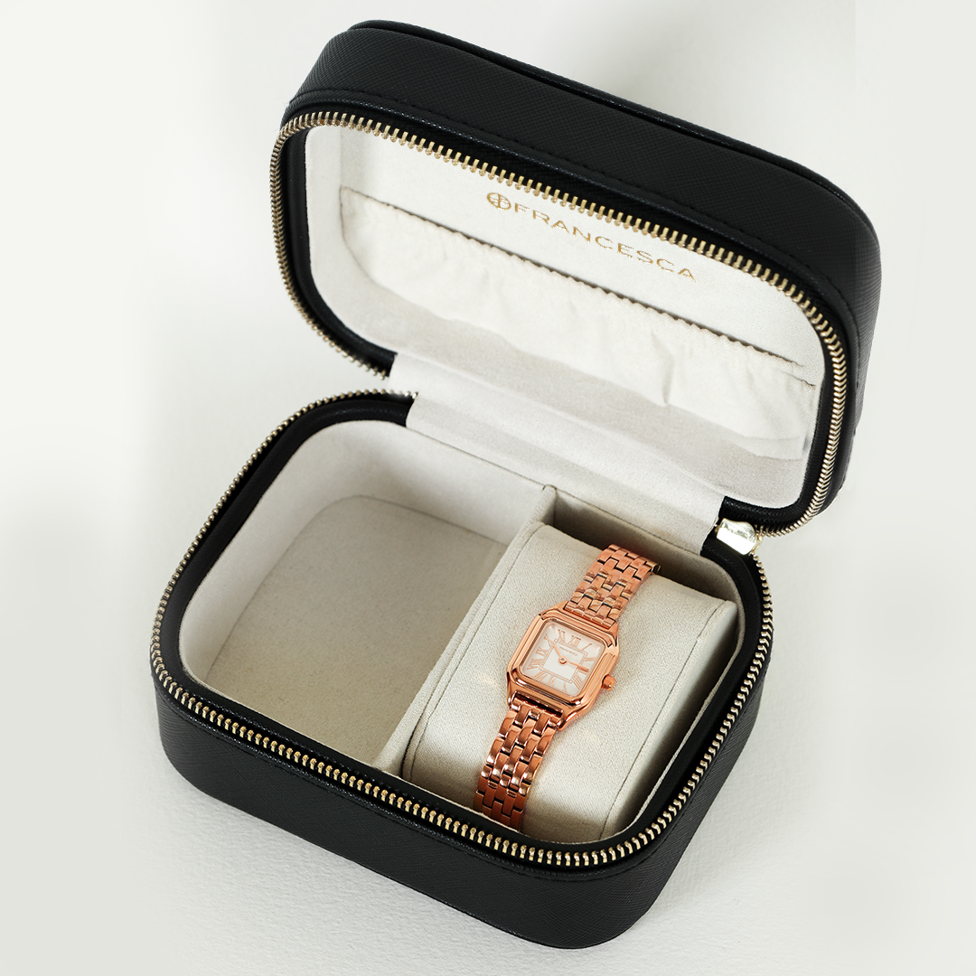 A rose gold-toned Louis Watch with a link bracelet and a square face featuring Roman numerals in watch box
