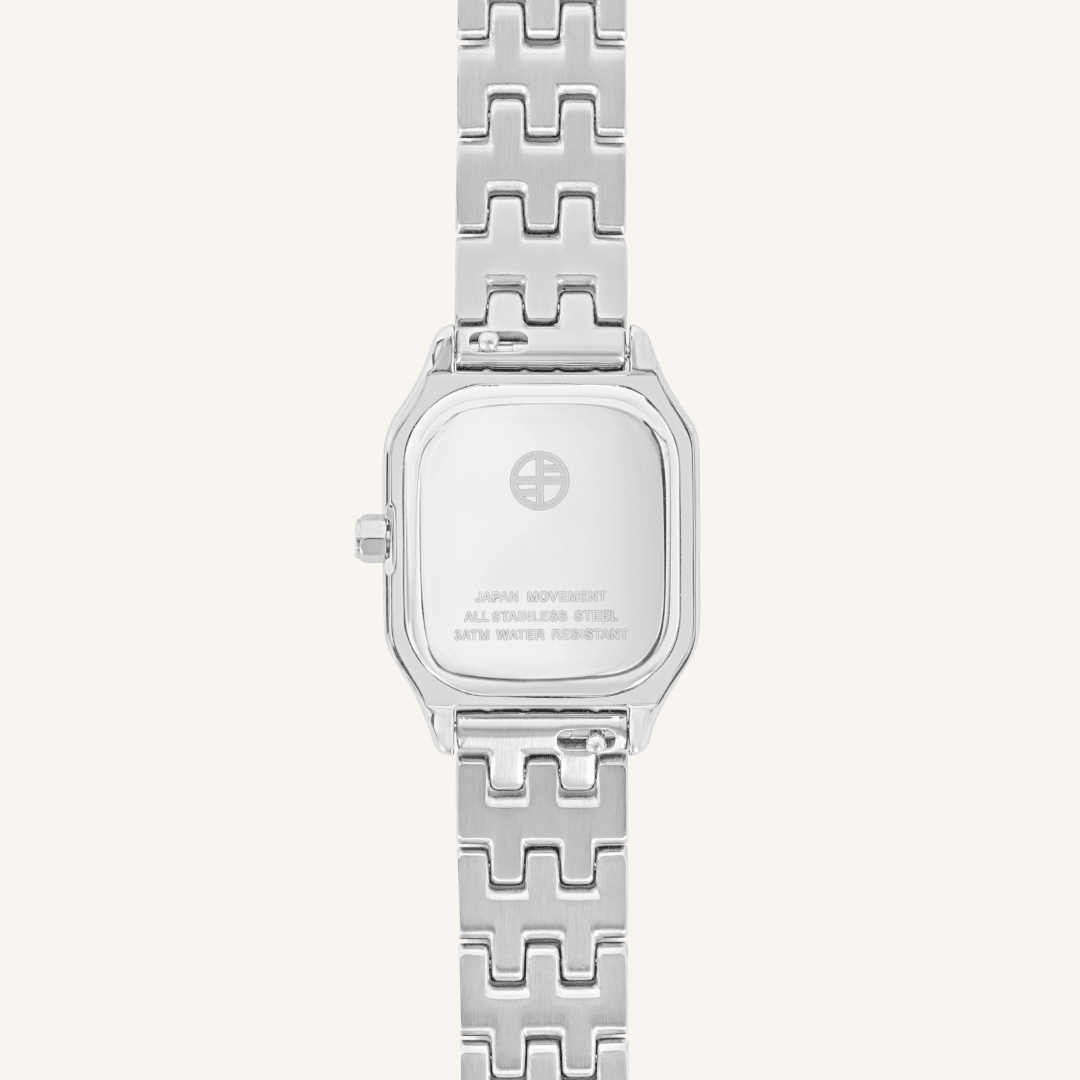 Silver louis watch, close up of the back of watch