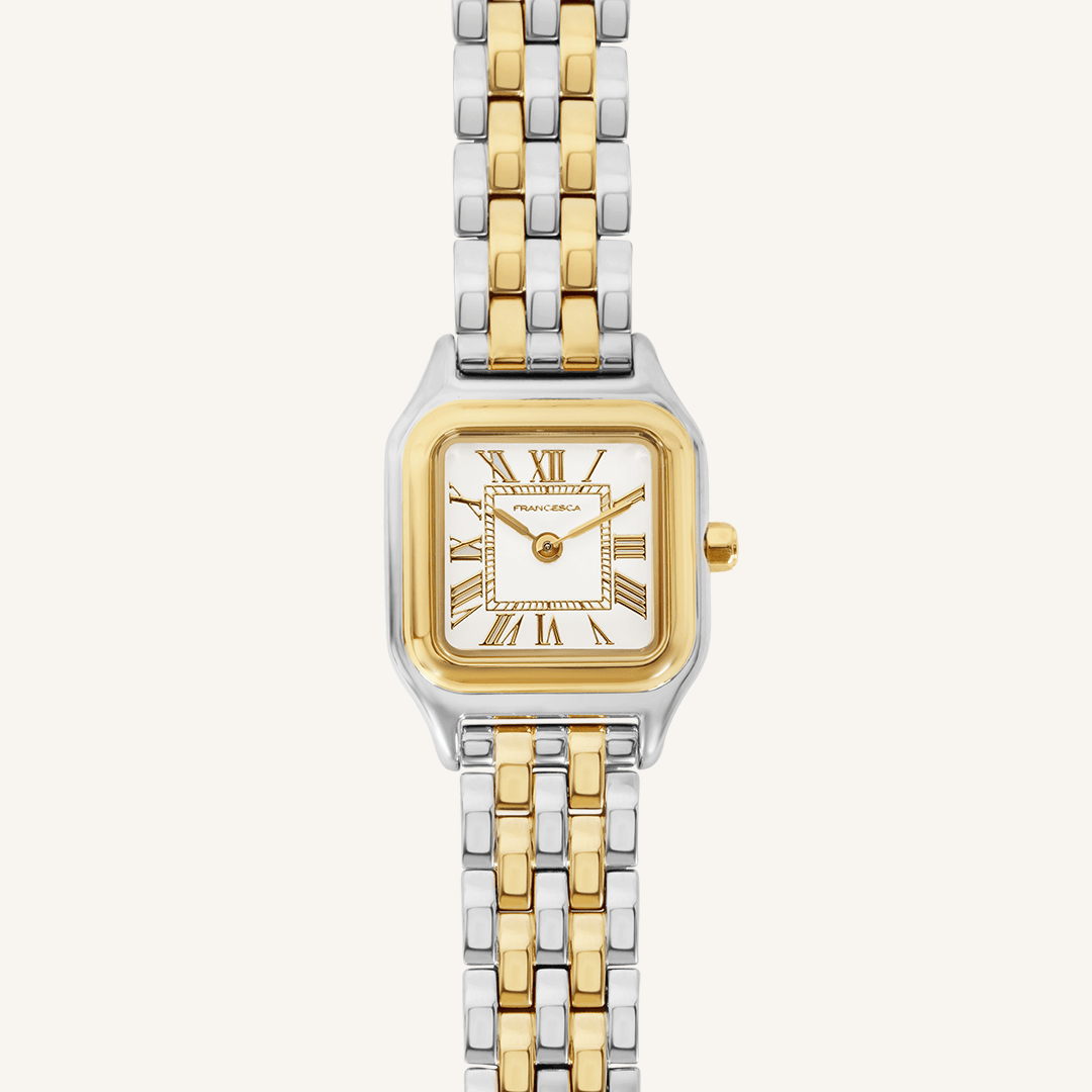 A two-toned Louis Watch with a link bracelet and a square face featuring Roman numerals.