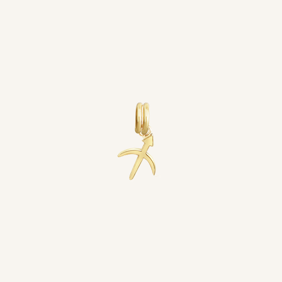 A gold Petite Zodiac Charm representing the Sagittarius sign.