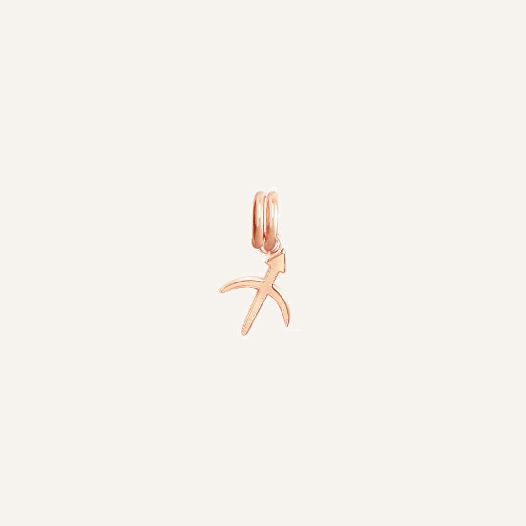 A rose gold Petite Zodiac Charm representing the Sagittarius sign.