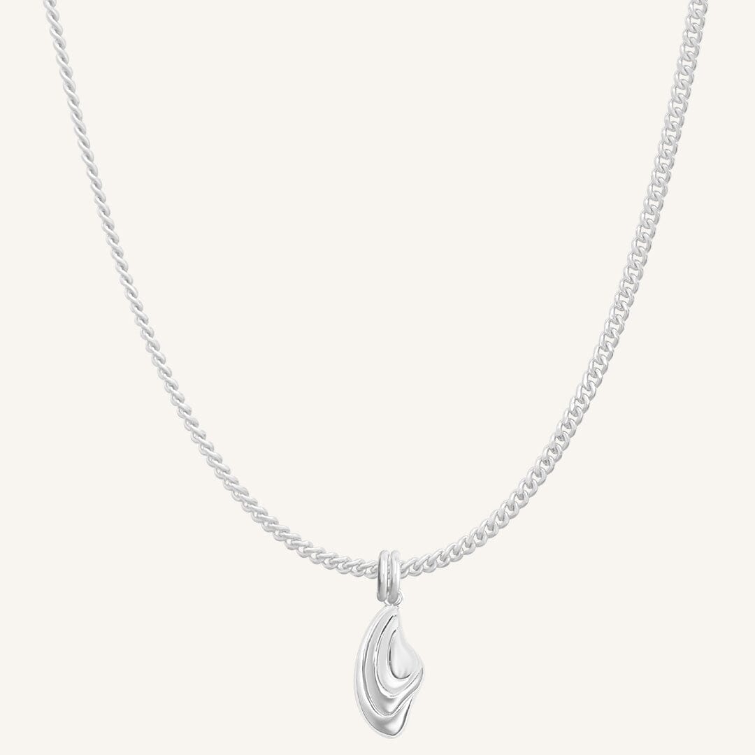 Silver necklace with a unique pendant on a white background