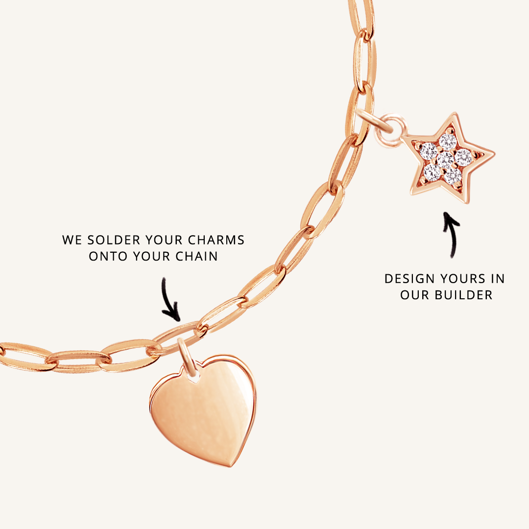 A rose chain necklace with paperclip links and multiple charms, showcasing where to solder charms and the option to choose the placement of the charms.