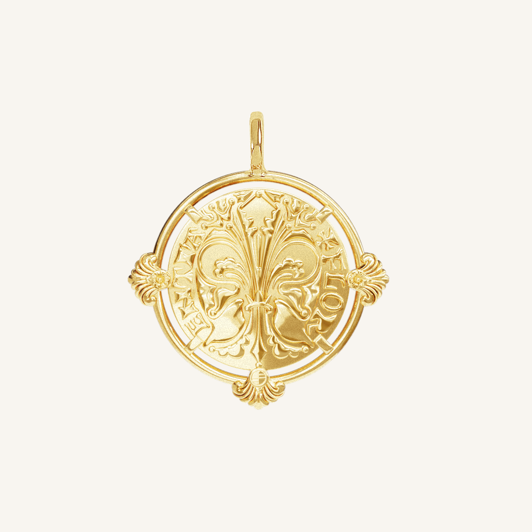 gold pendant featuring intricate patterns inspired by Palace of Versailles on a plain background