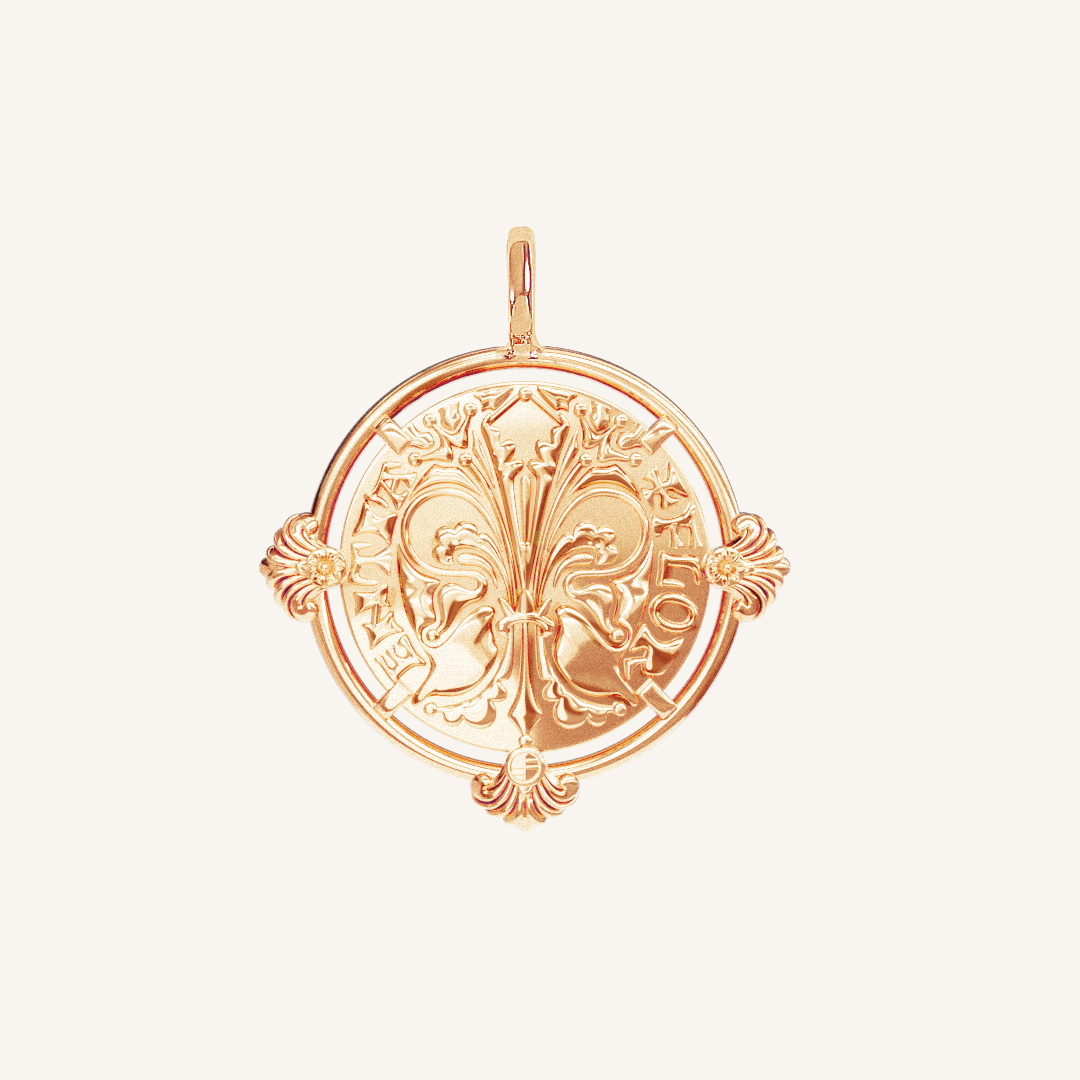 rose gold pendant featuring intricate patterns inspired by Palace of Versailles on a plain background