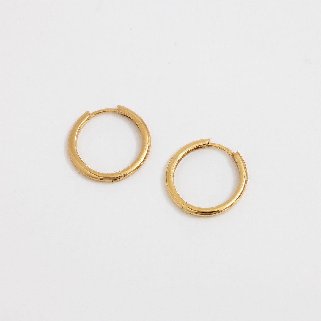 A pair of gold hoop earrings on a white background