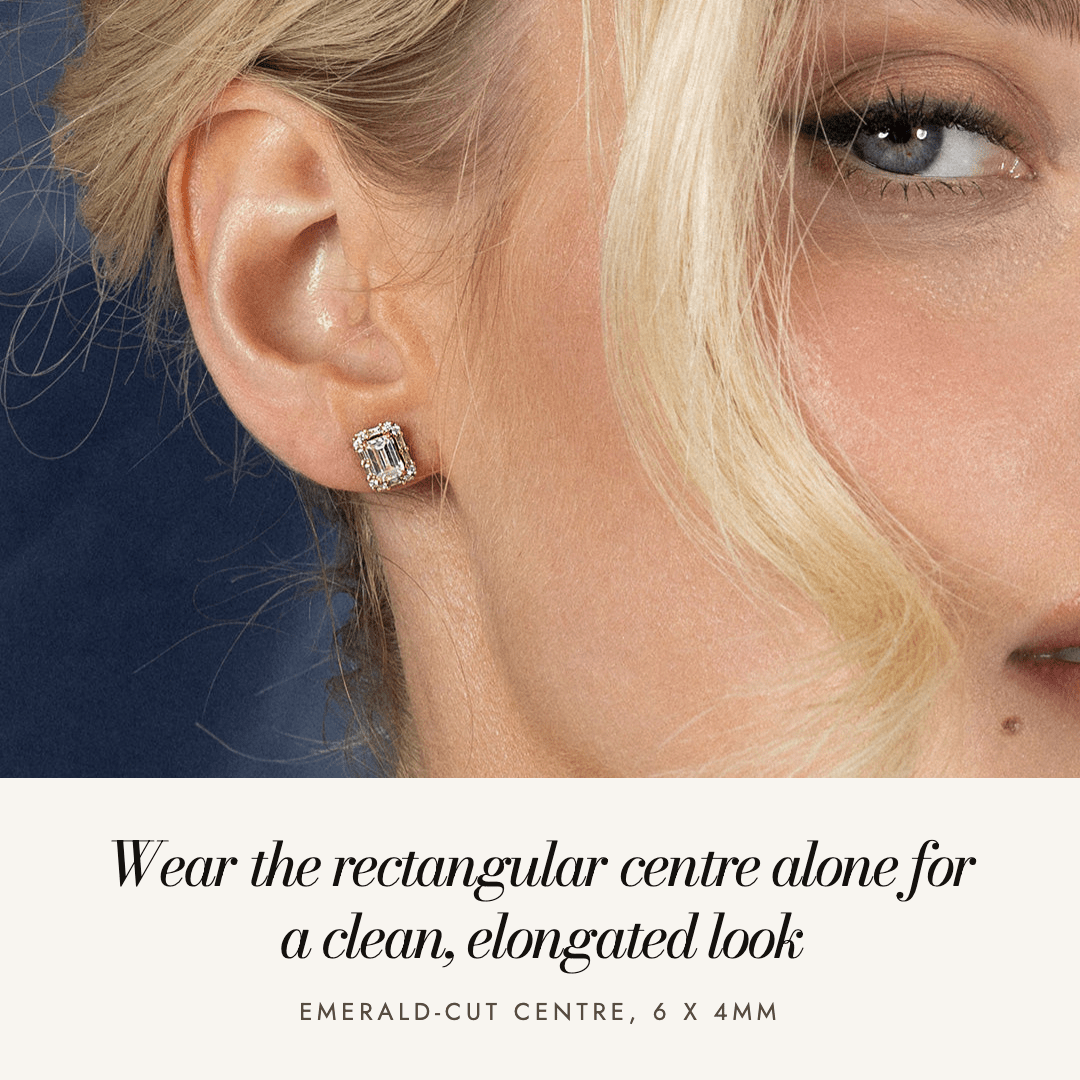 Florence Halo Studs worn without the halo — a clean, elongated look, 6 x 4mm
