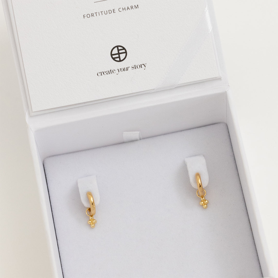 A pair of gold-tone hoop earrings with bobble details, displayed in white box