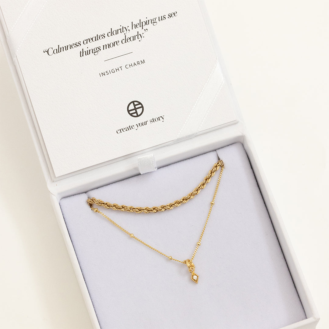 A delicate necklace featuring a small diamond charm pendant on gold chain, in white box