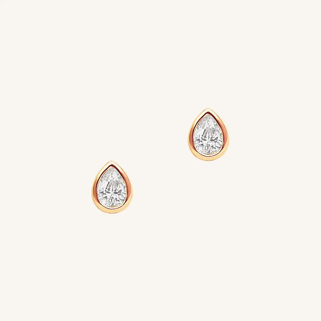A pair of teardrop-shaped cubic zirconia stud earrings set in rose-tone settings.
