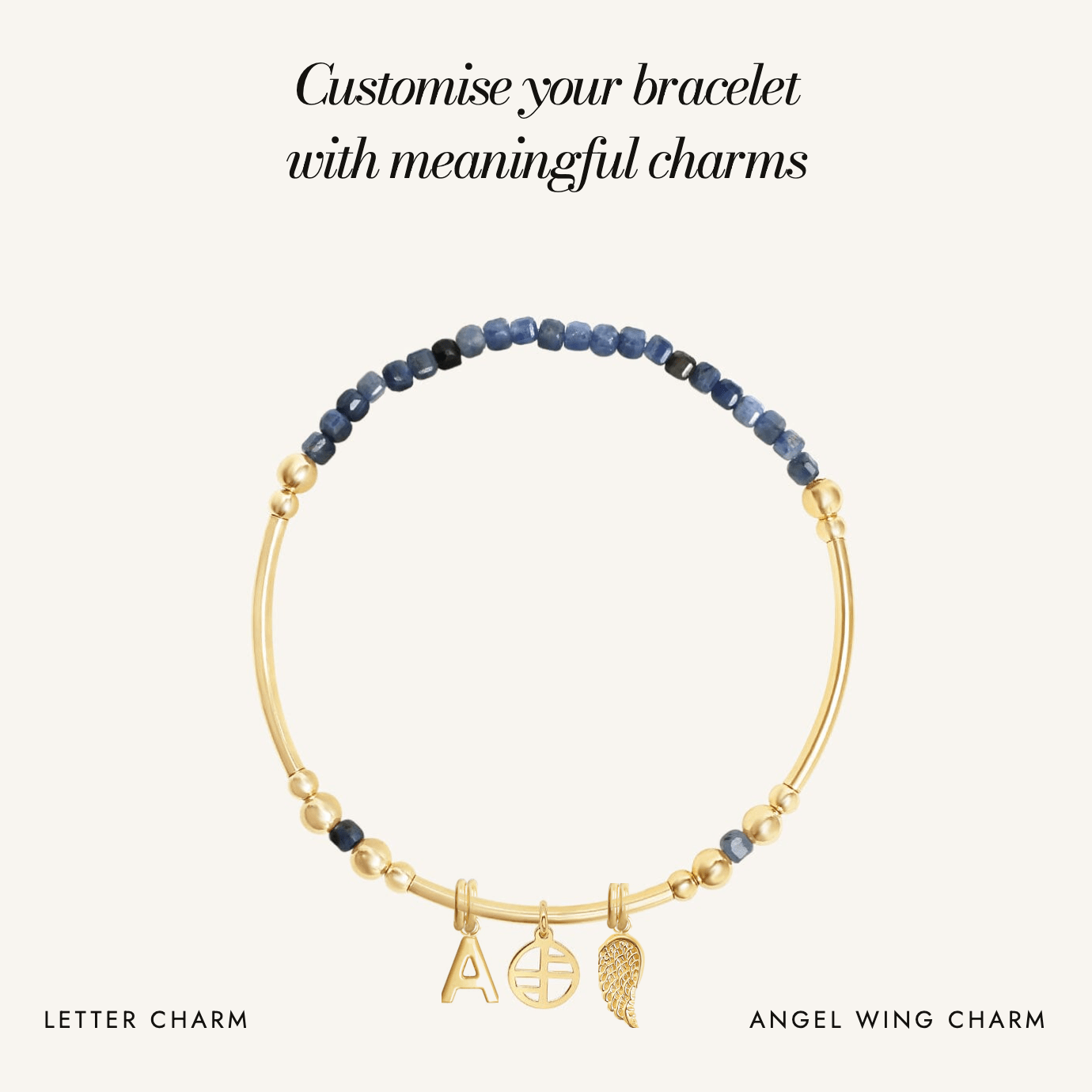 Sapphire Division Charm Bracelet: customise your bracelet with meaningful charms, letter charm and angel wing charm