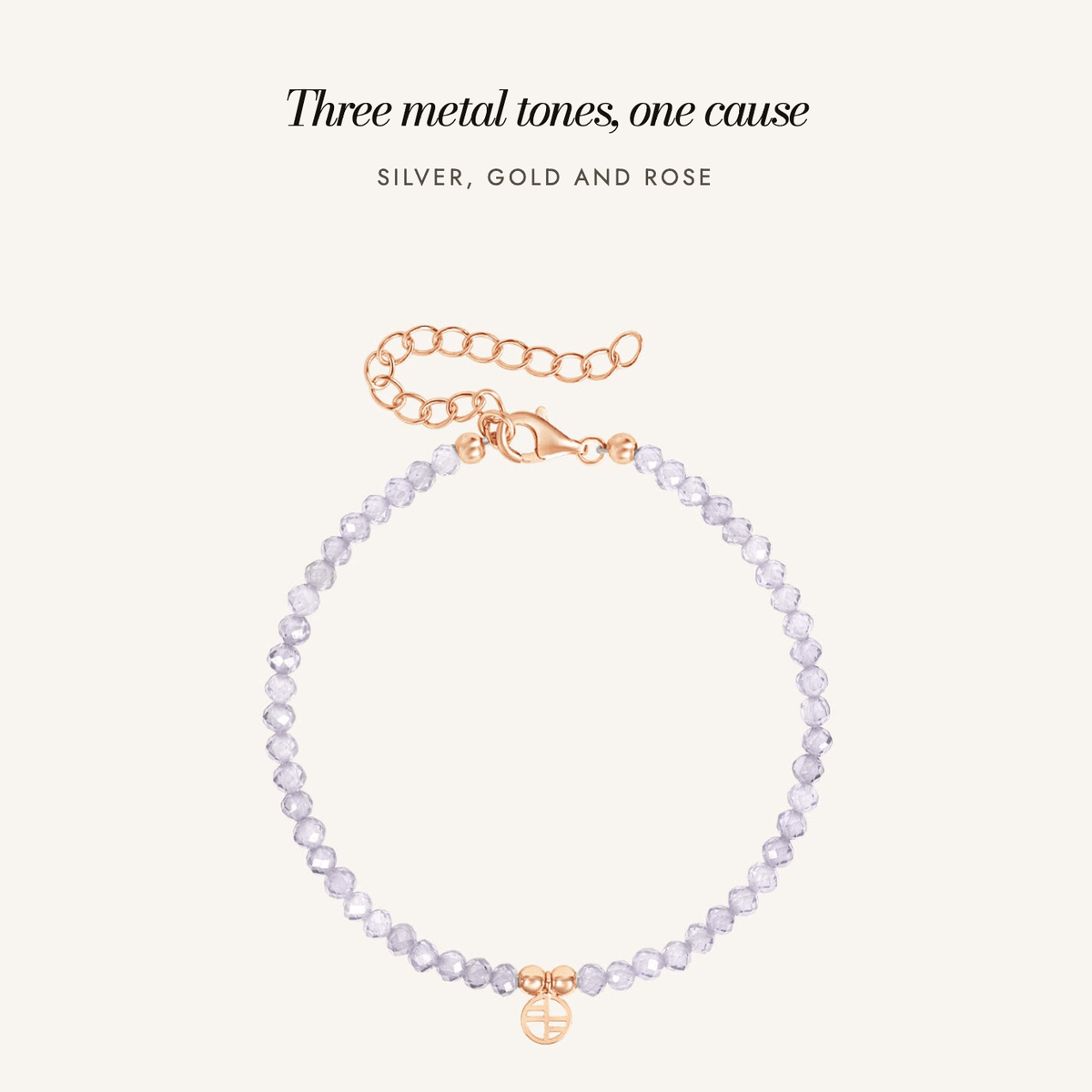 Pancare Awareness Bracelet: three metal tones, one cause — silver, gold and rose