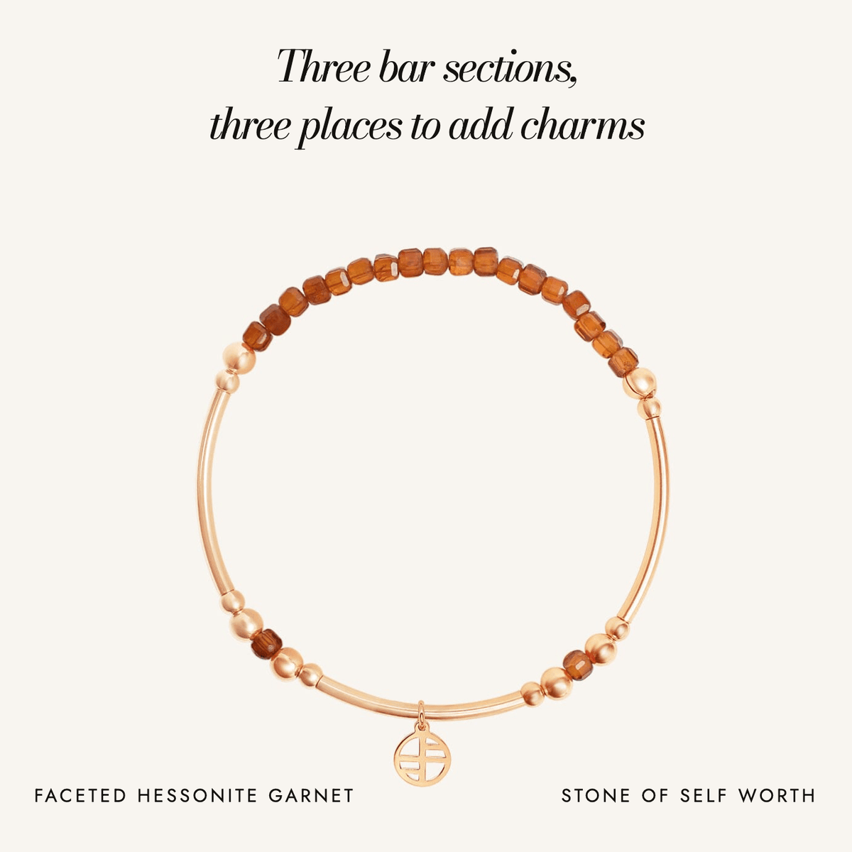 Hessonite Garnet Division Charm Bracelet: three bar sections, three places to add charms