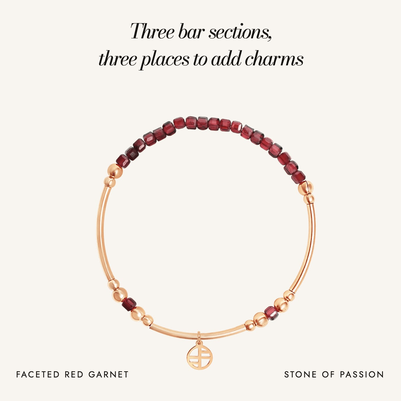 Red Garnet Division Charm Bracelet: three bar sections, three places to add charms