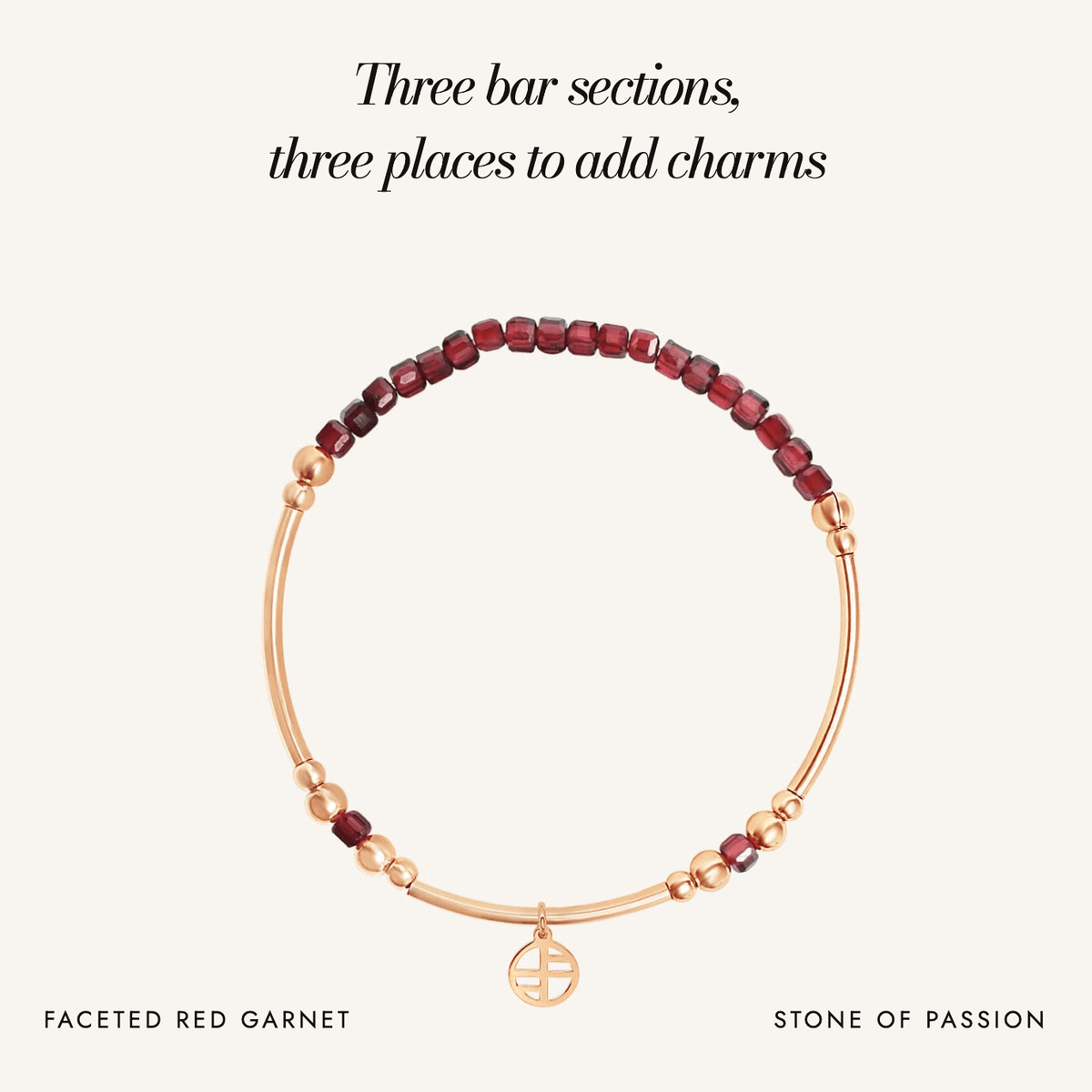 Red Garnet Division Charm Bracelet: three bar sections, three places to add charms
