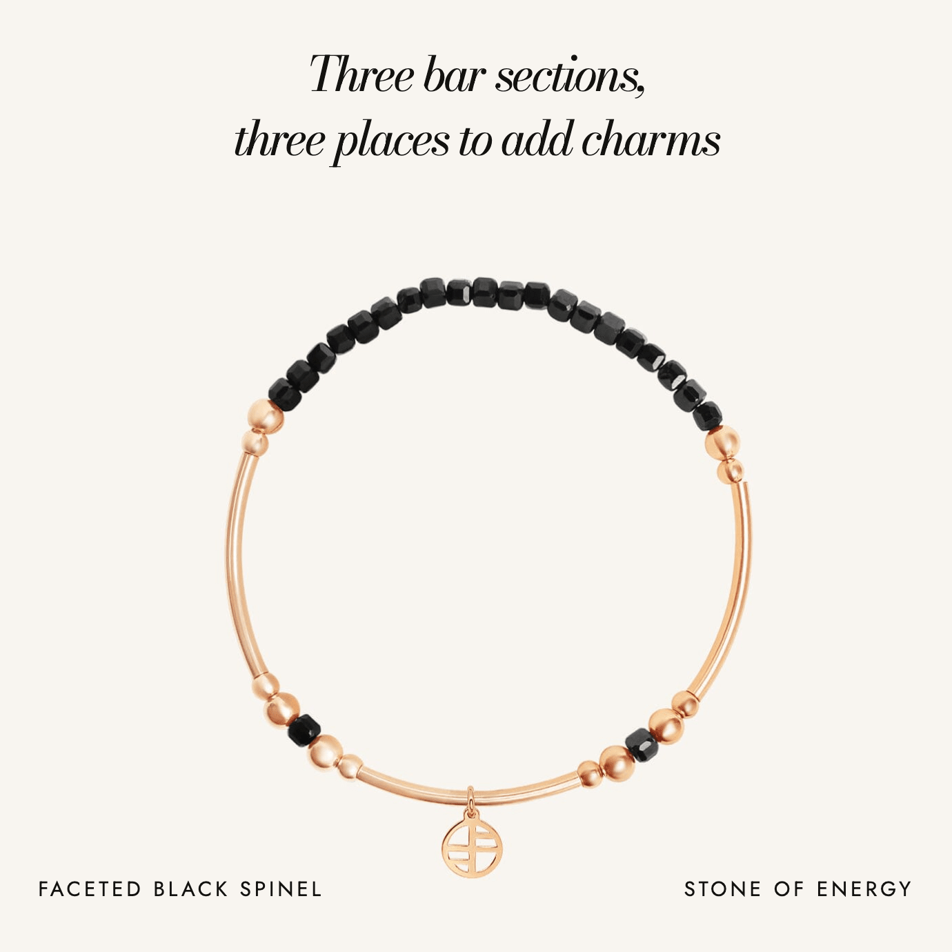 Black Spinel Division Charm Bracelet: three bar sections, three places to add charms