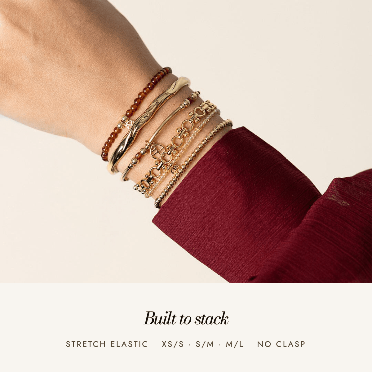 Hessonite Garnet Division Charm Bracelet: built to stack, stretch elastic, sizes XS/S to M/L