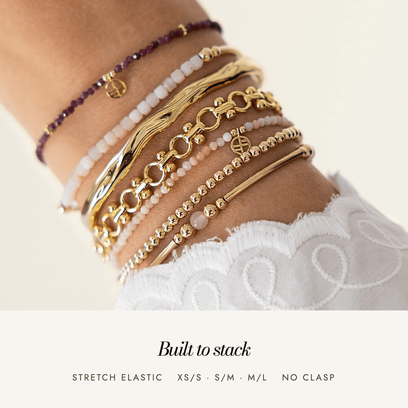 Pink Opal Division Charm Bracelet: built to stack, stretch elastic, sizes XS/S to M/L