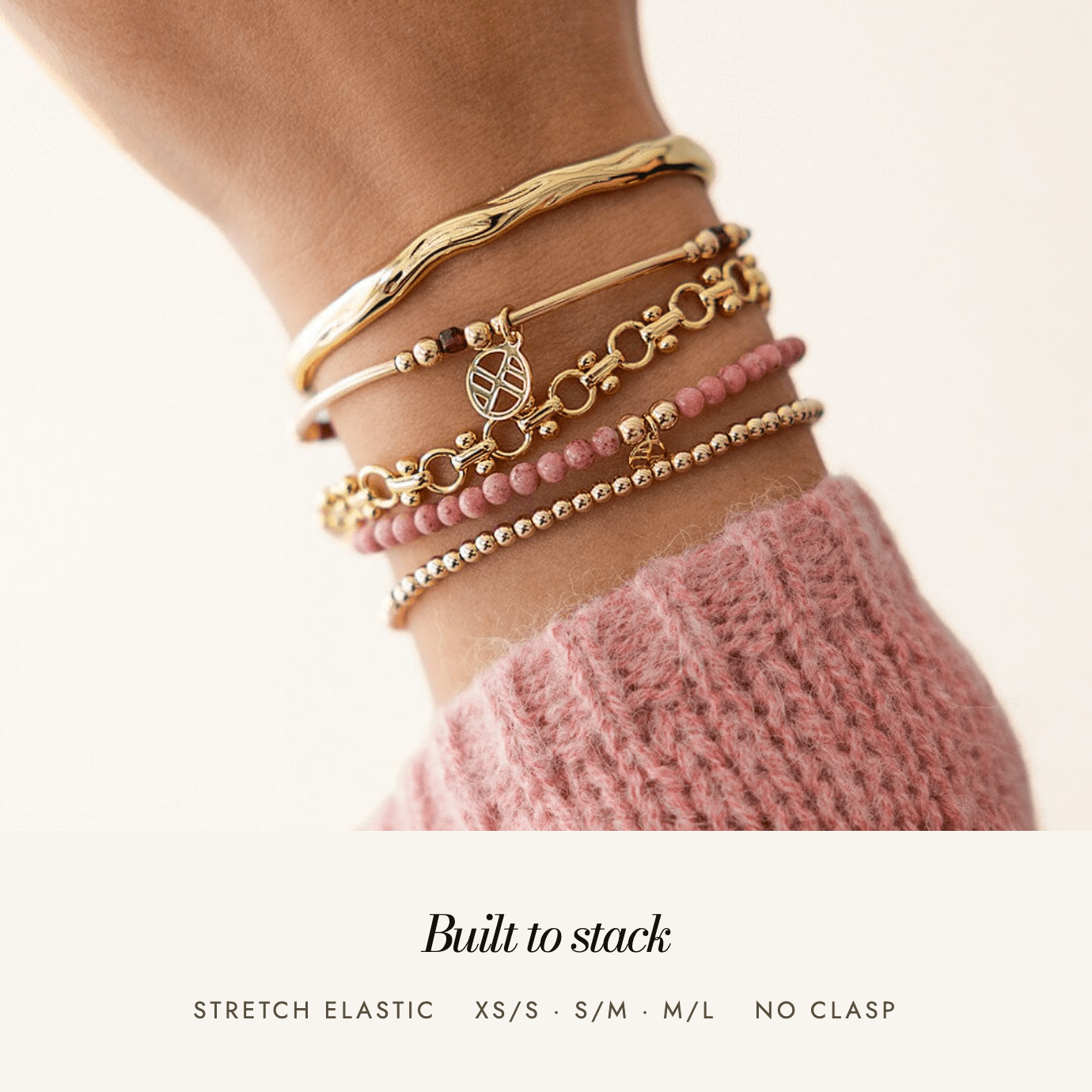 Red Garnet Division Charm Bracelet: built to stack, stretch elastic, sizes XS/S to M/L
