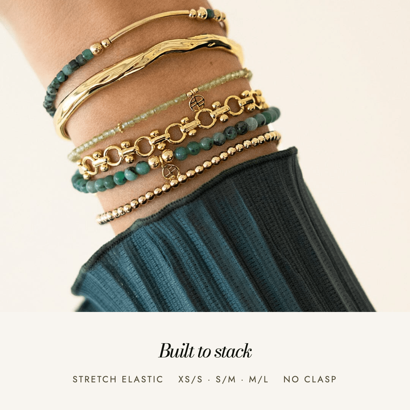 Emerald Division Charm Bracelet: built to stack, stretch elastic, sizes XS/S to M/L