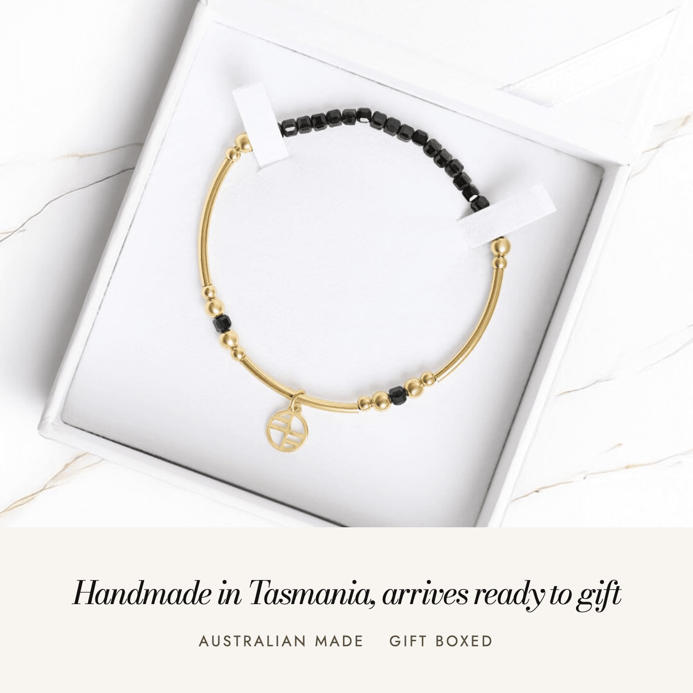 Black Spinel Division Charm Bracelet: handmade in Tasmania, arrives ready to gift