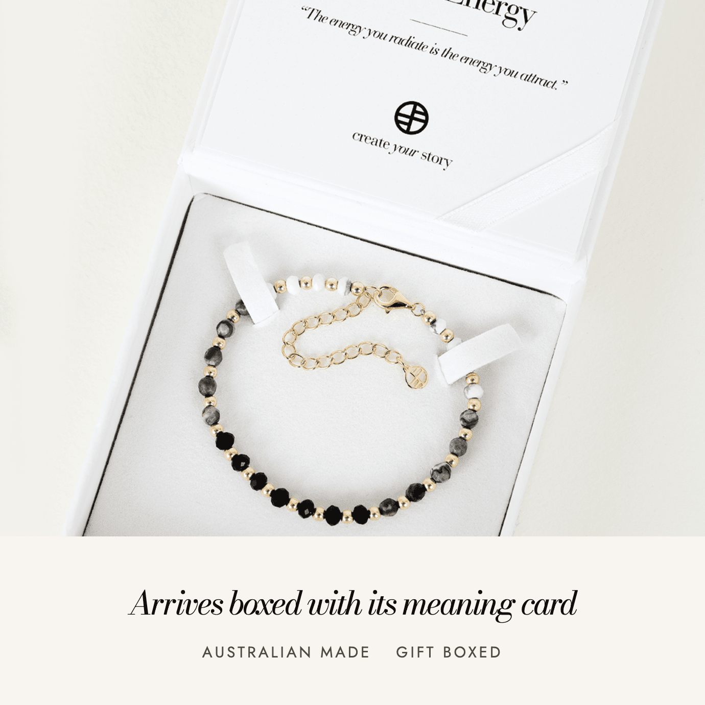 Black Spinel Ombre Bracelet: arrives boxed with its meaning card, Australian made