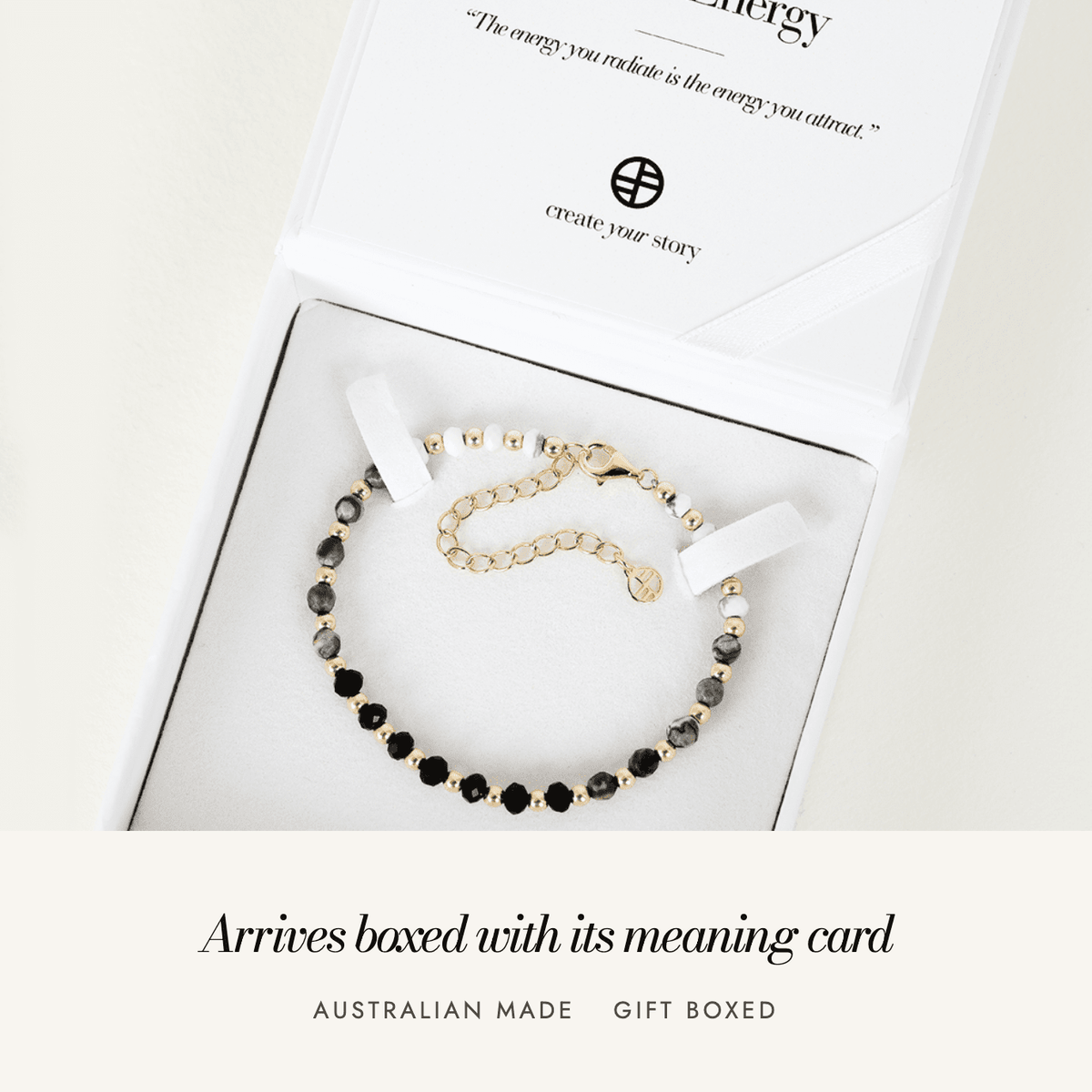 Black Spinel Ombre Bracelet: arrives boxed with its meaning card, Australian made