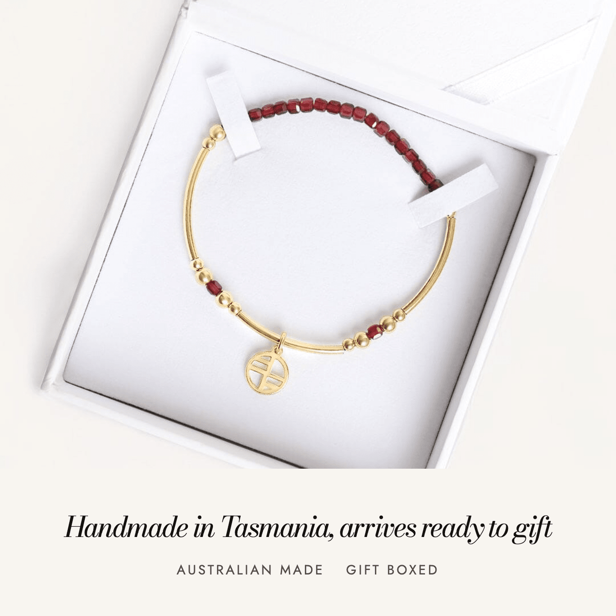 Red Garnet Division Charm Bracelet: handmade in Tasmania, arrives ready to gift