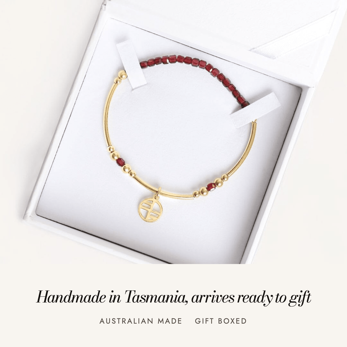 Red Garnet Division Charm Bracelet: handmade in Tasmania, arrives ready to gift