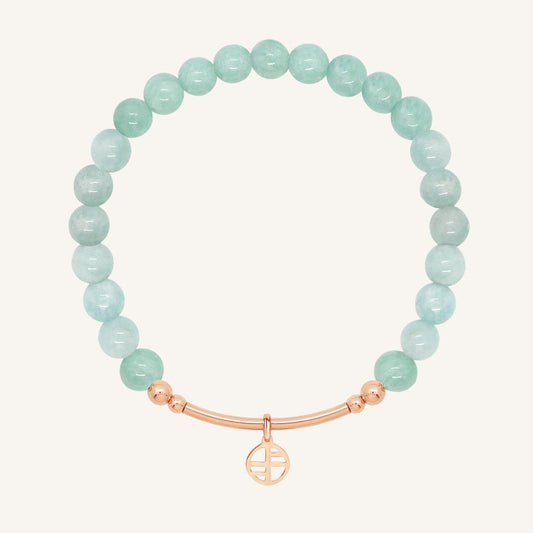 Amazonite beaded bracelet with a rose gold clasp on a white background