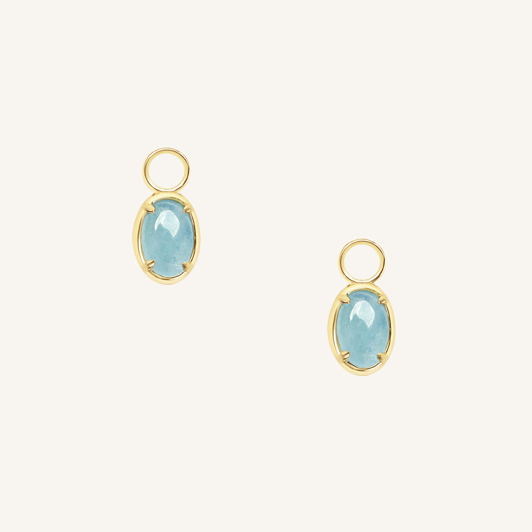 Pair of gold earrings with blue gemstones on a white background