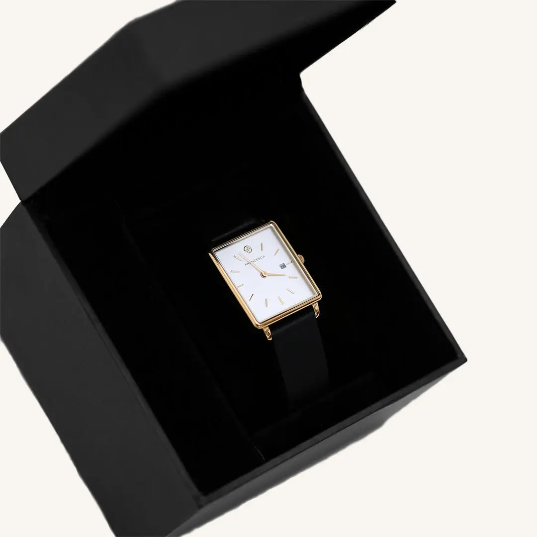 The    Black Leather Watch by  Francesca Jewellery from the Accessories Collection.