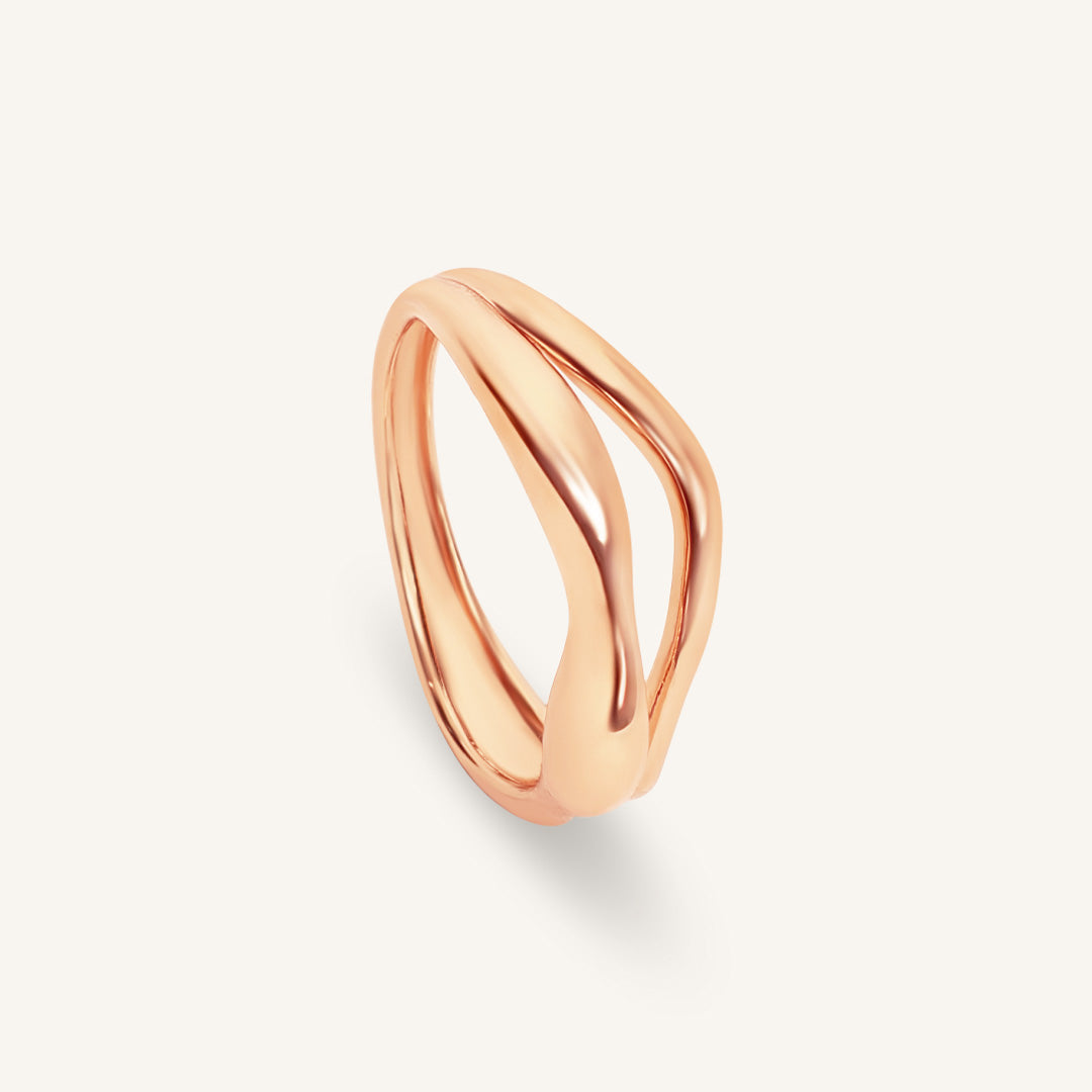 Rose gold ring on a light gray background