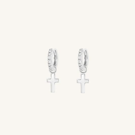 The  SILVER-Darcy  Cross Crystal Hoops by  Francesca Jewellery from the Earrings Collection.
