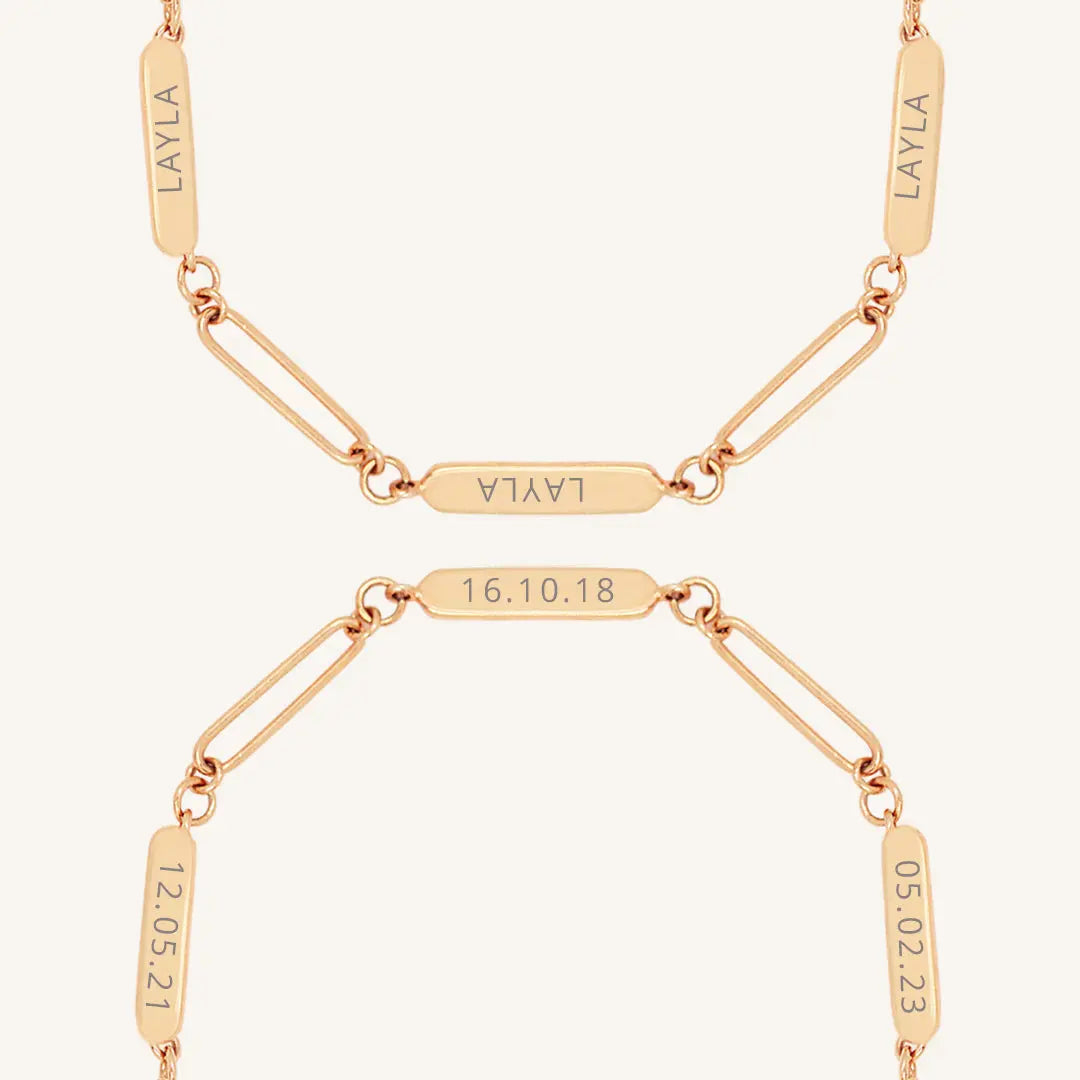 A rose Etch chain bracelet with three panels for engraving, close up