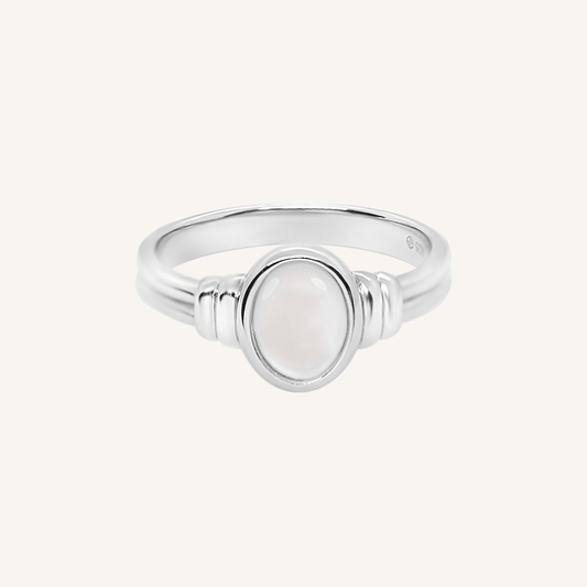 silver ring with a Mother of Pearl stone on a white background