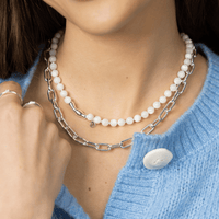 A chunky link chain necklace in silver tone.