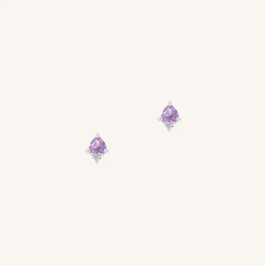 A silver pair of stud earrings featuring a purple cubic zirconia, representing February.