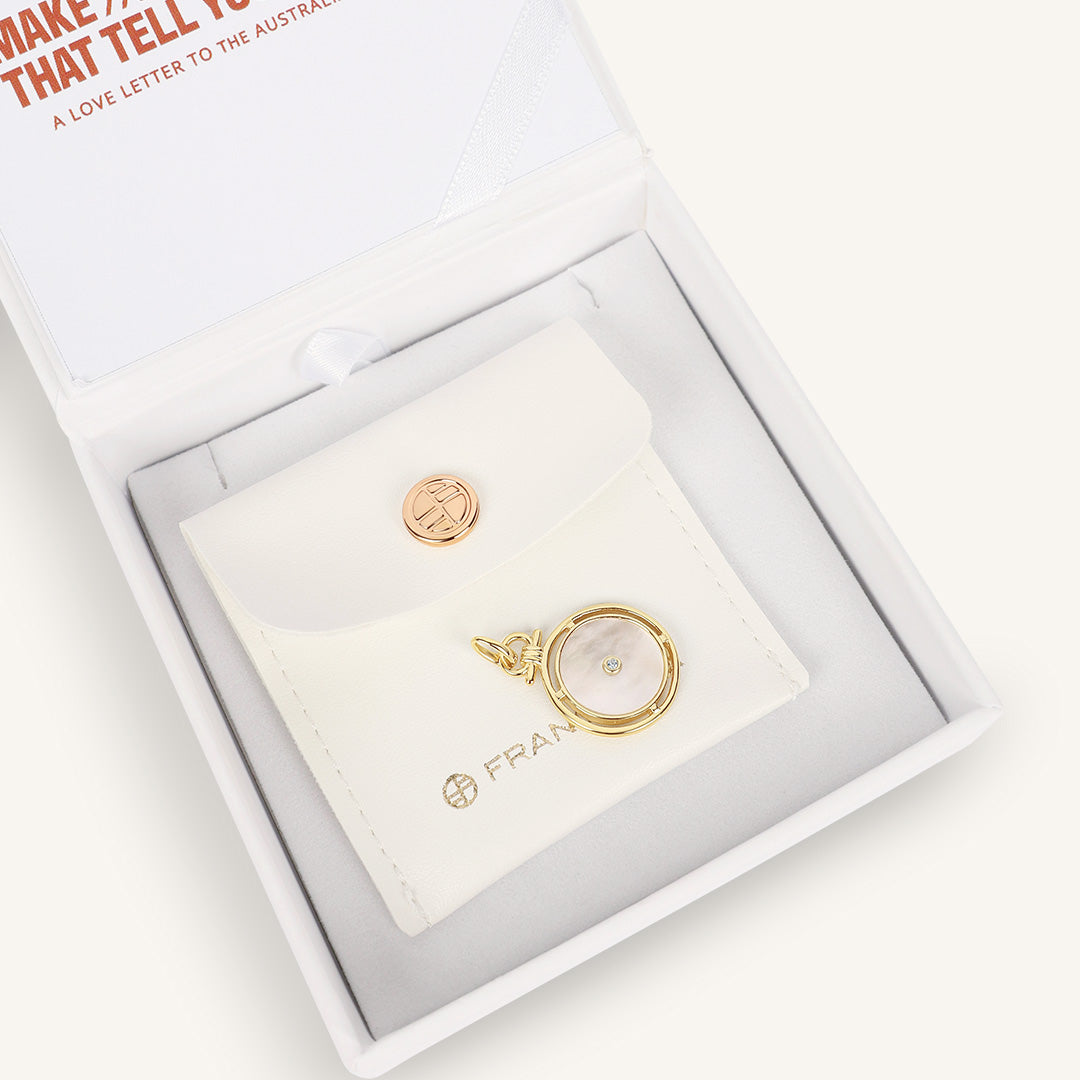 Gold pendant and earring set in a white box