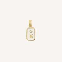 A gold rectangular shaped charm with the Pisces zodiac symbol on it, designed with an iridescent finish.