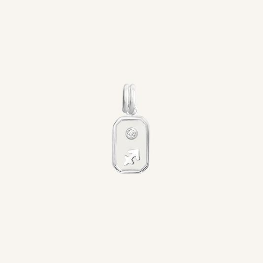 A silver iridescent zodiac charm representing the Sagittarius sign, with a loop for attachment on a chain