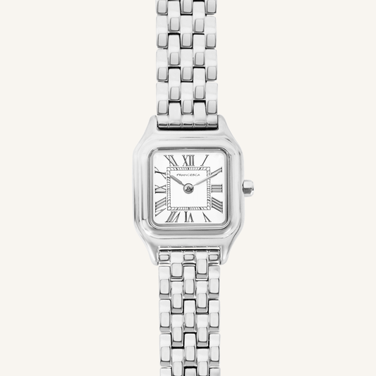 A silver-toned Louis Watch with a link bracelet and a square face featuring Roman numerals.