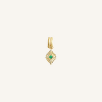 A gold charm with a green cubic zirconia, resembling a May birthstone.